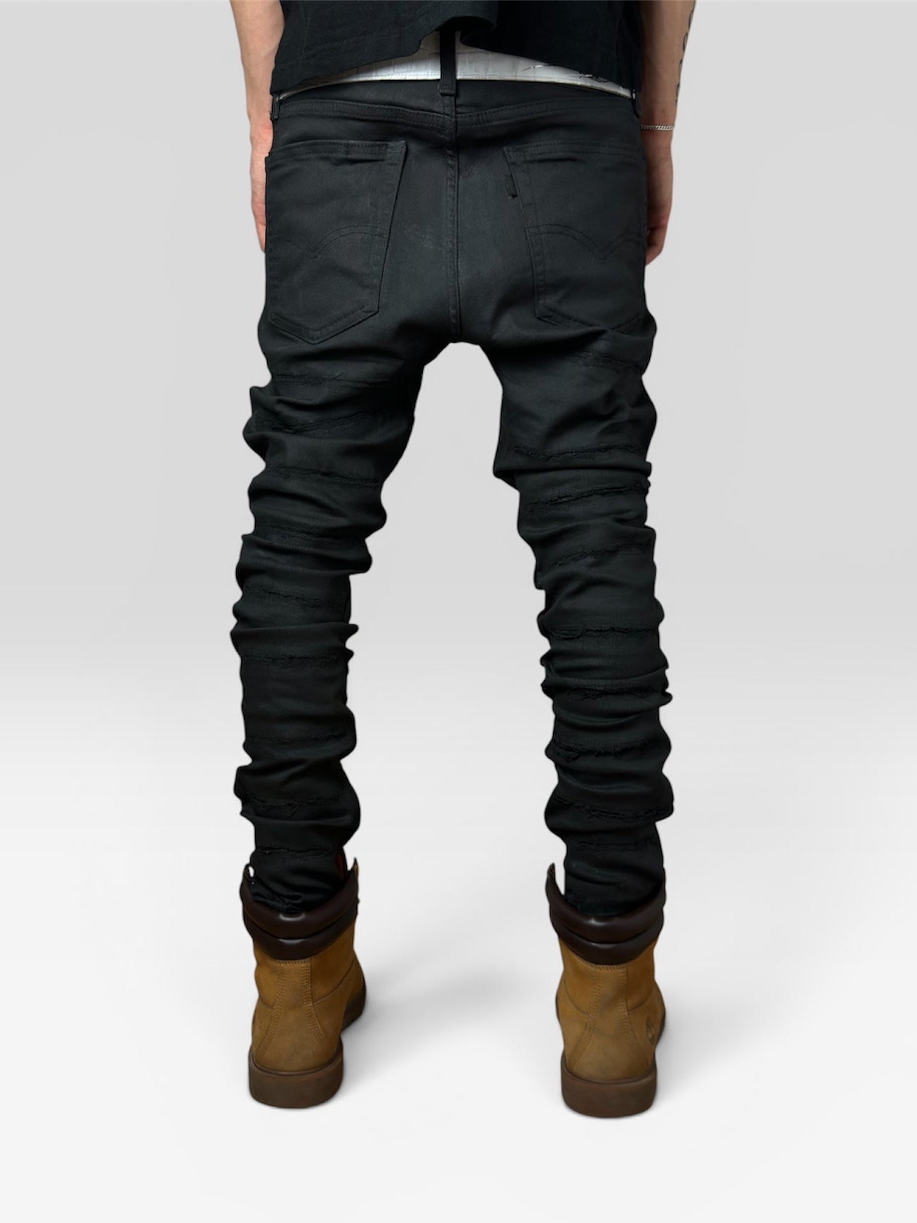 1of1 waxed & distressed slim black jeans
