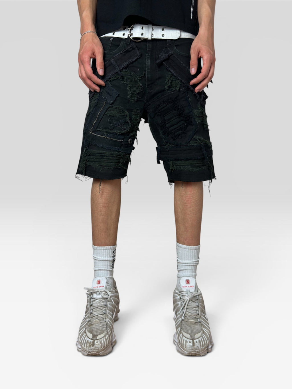 1of1 full distressed black shorts