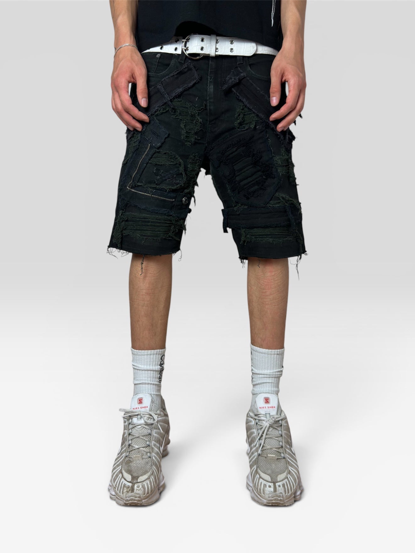 1of1 full distressed black shorts