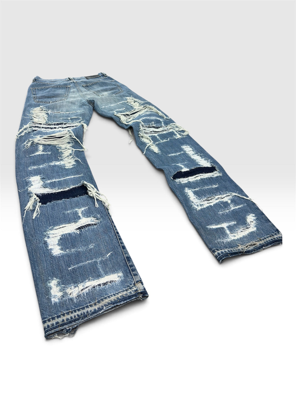 1of1 full distressed straight blue jeans