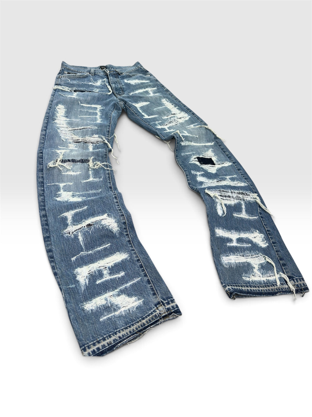 1of1 full distressed straight blue jeans