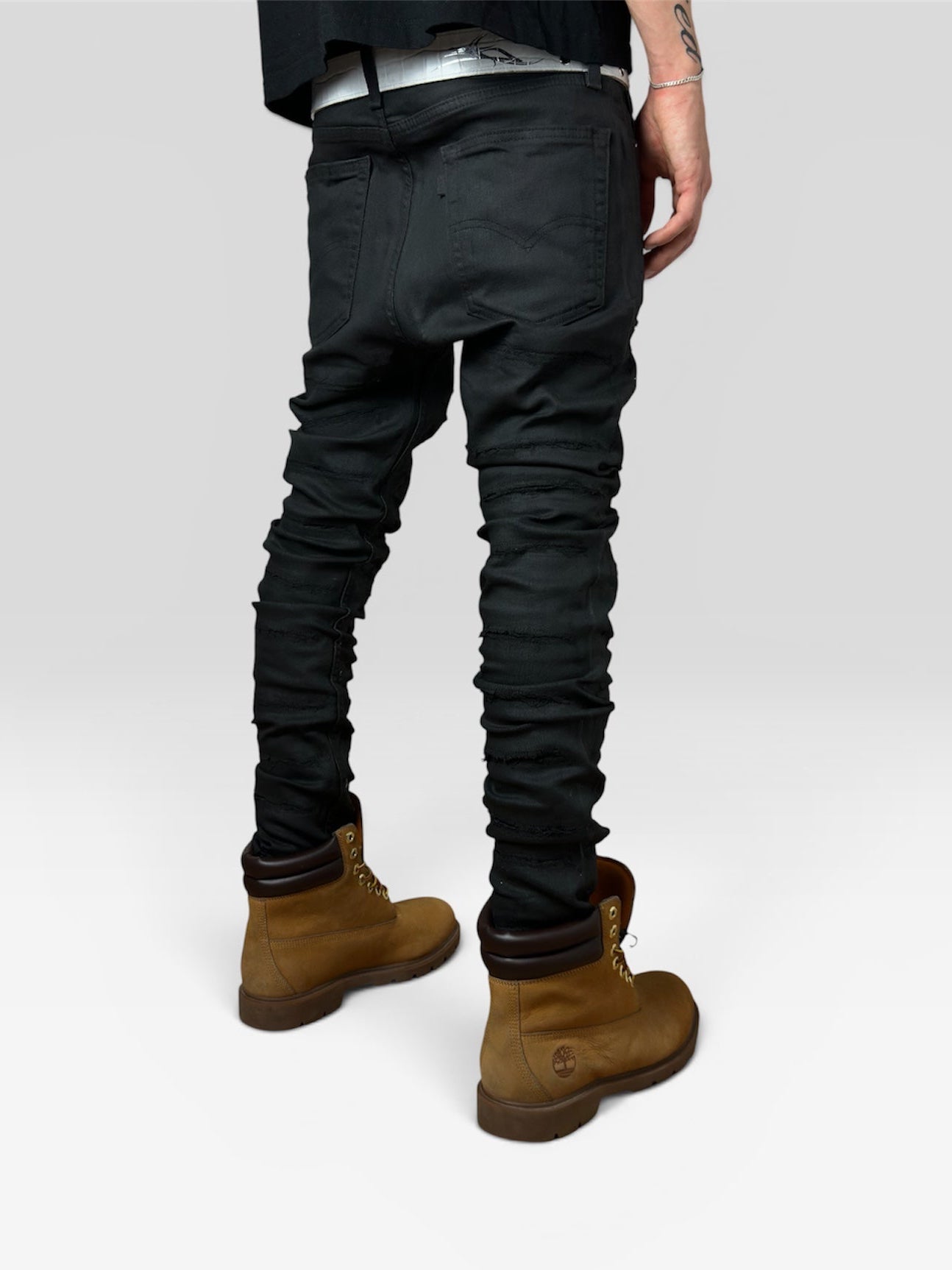 1of1 waxed & distressed slim black jeans