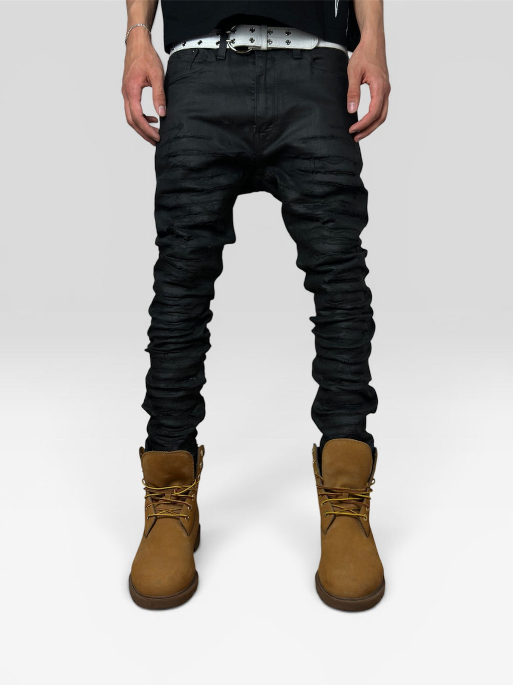 1of1 waxed & distressed slim black jeans