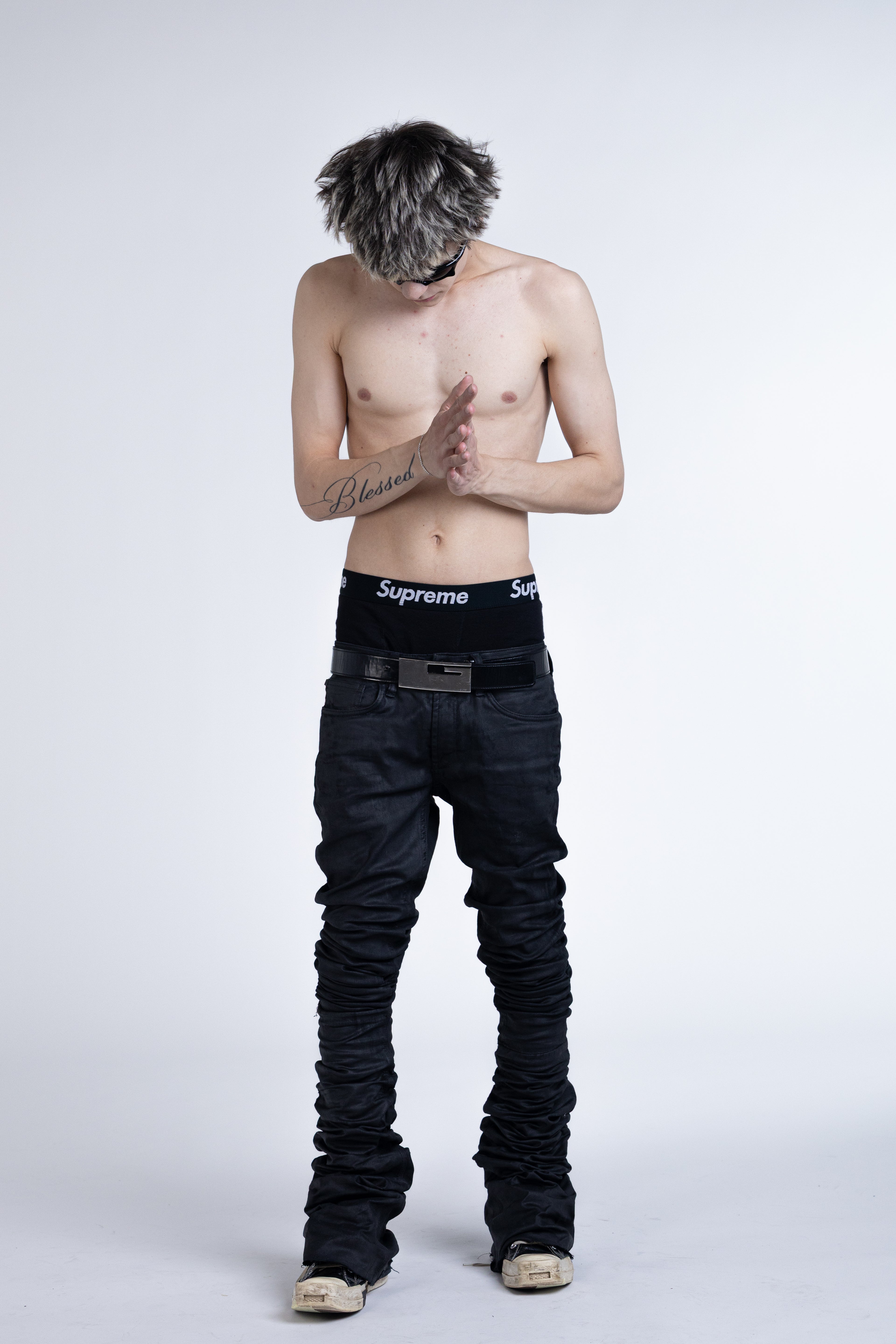 waxed double black jeans